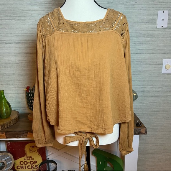 FREE PEOPLE Brown Tie Waist Lace Top Women’s Size XL Boho Crochet Cotton - Picture 8 of 8